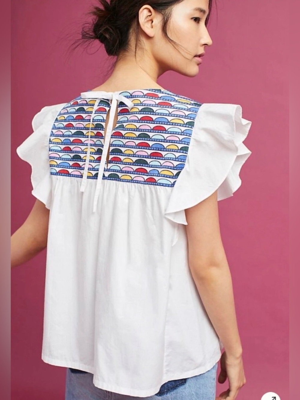 WHIT TWO Anthropologie Embroidered Flutter Sleeve Top White Rainbow Yoke Size LP - Picture 4 of 16